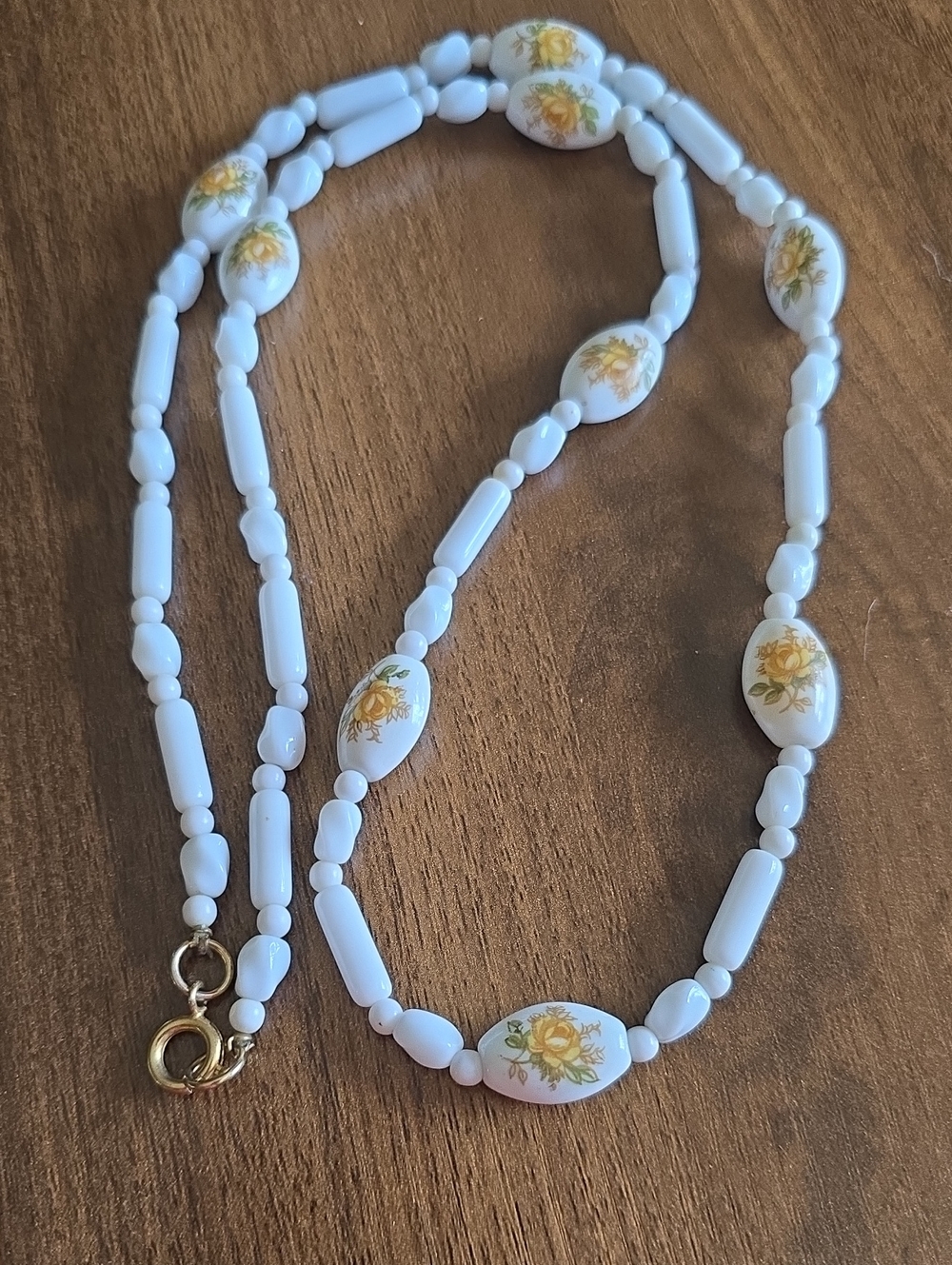 Milk Glass Beaded Necklace with Yellow Floral Accents Vintage
